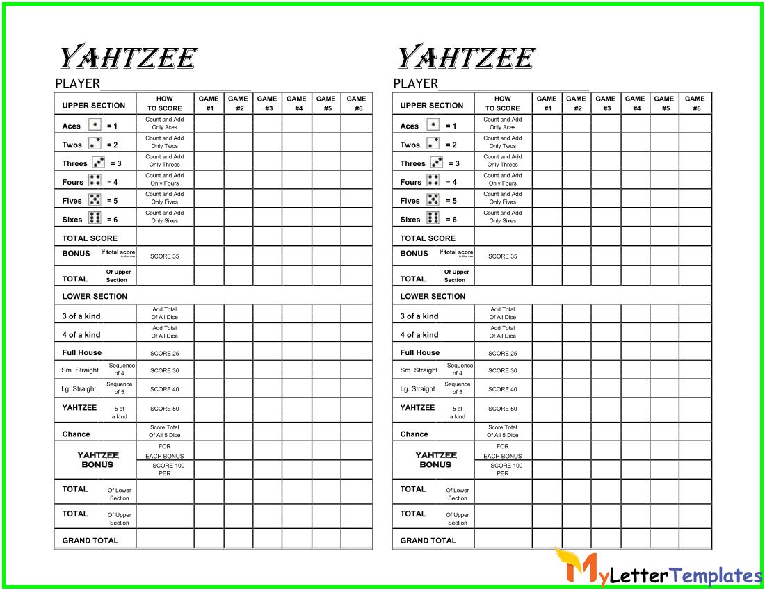 Free Printable Yahtzee Scorecards Sheets With Templates In Pdf Word Doc