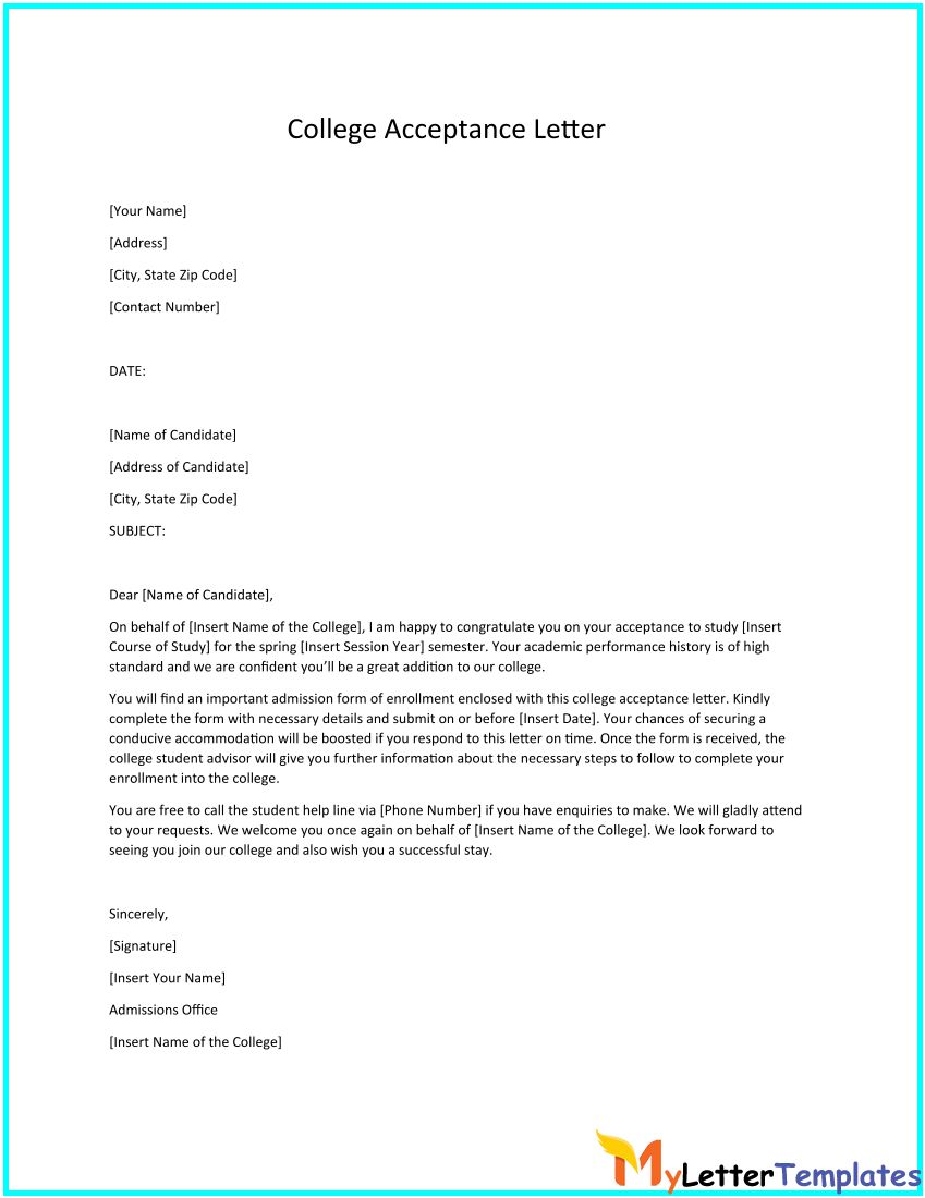 College Acceptance Letter Templates For College Acceptance Letter Template